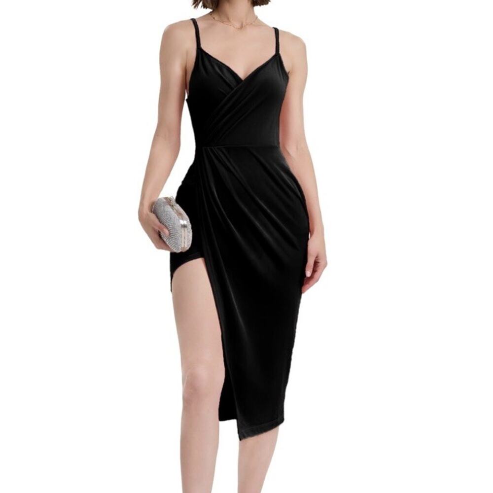 V Neck Sleeveless Spaghetti Strap Sexy Midi Party Dress with Slit BLACK medium